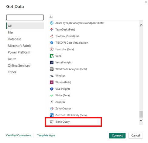 Image of data source options in Power BI.