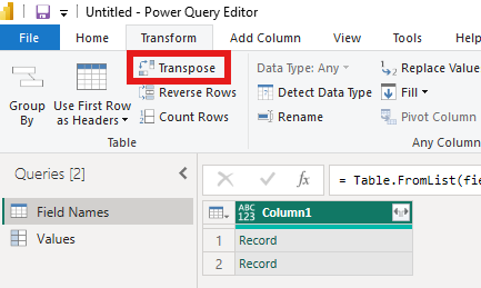 Transpose button highlighted.